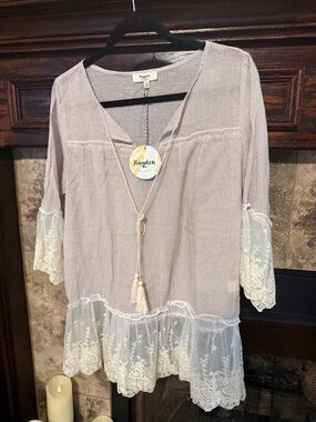 Hayden Womens Beige Lace Trim Peasant Boho Tunic Top Size L New